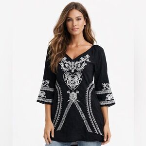 Johnny Was Black and White Embroidered Boho Tunic Blouse
